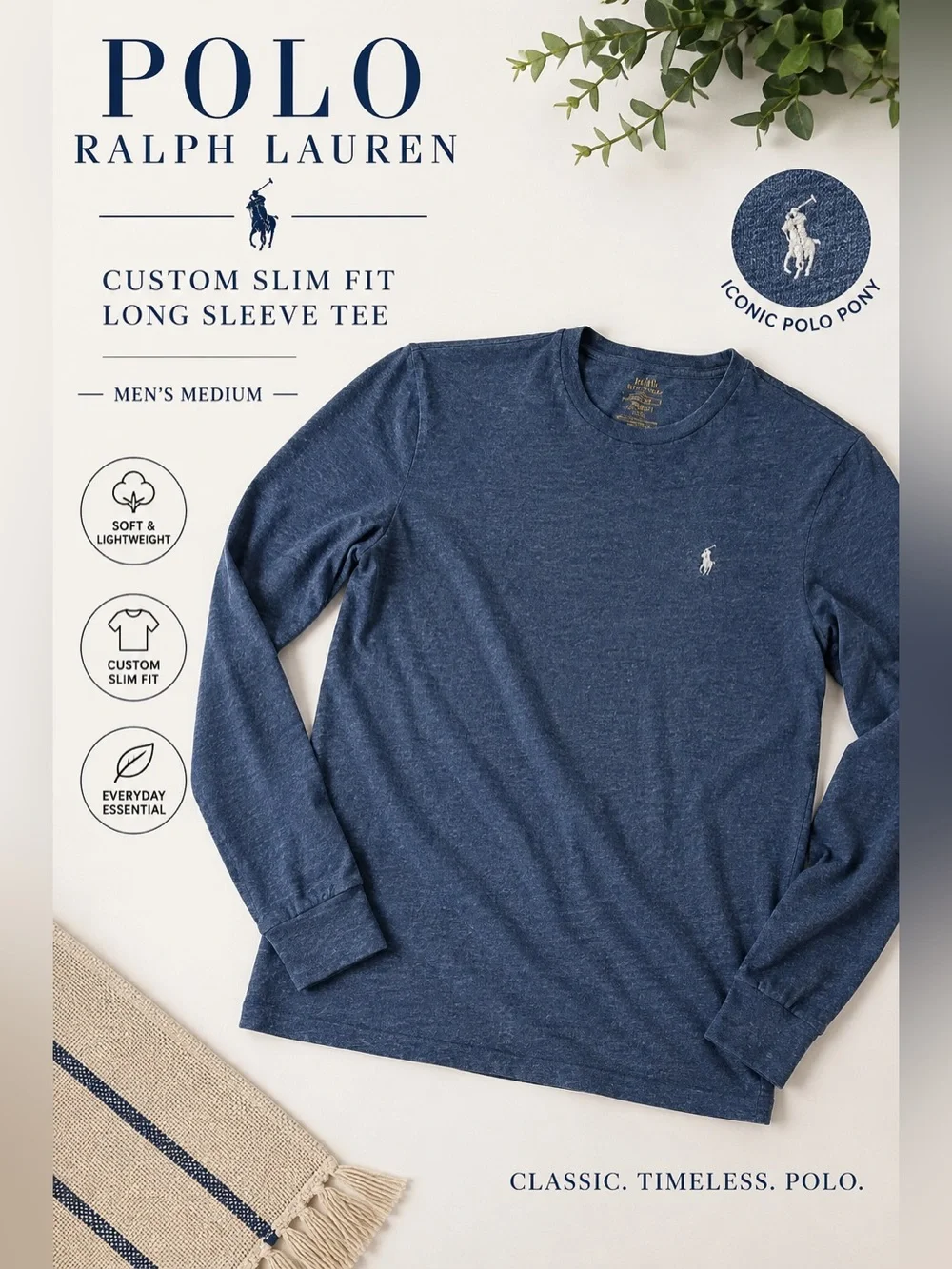 Polo Ralph Lauren Custom Slim Fit Blue Heather Long Sleeve T-Shirt Size M